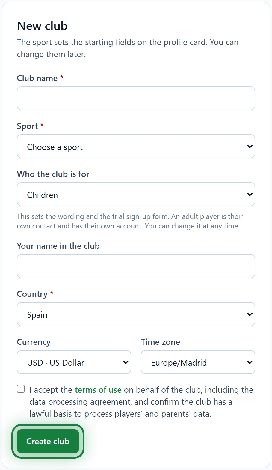 The New club form with the Create club button