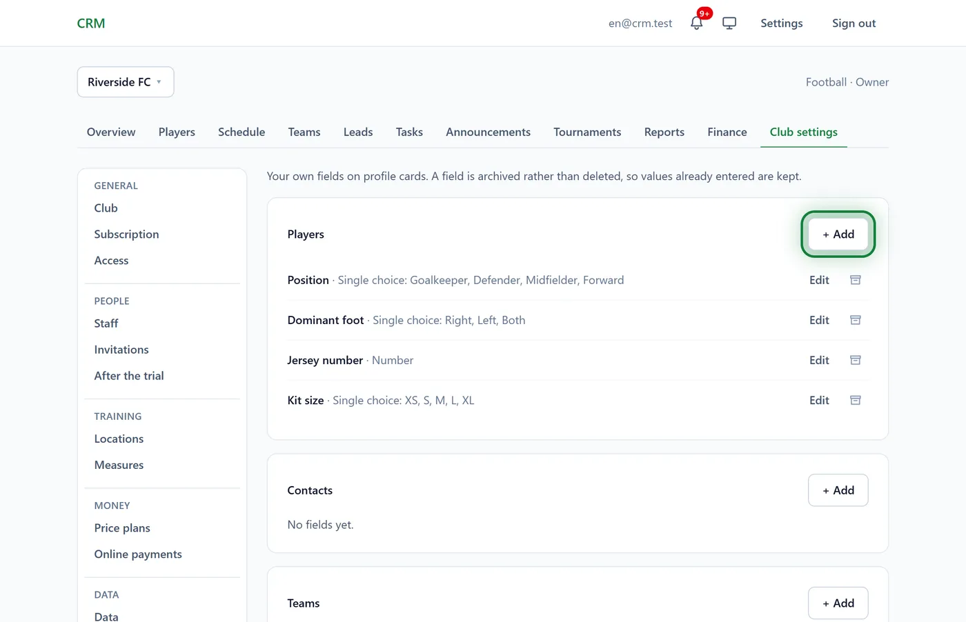 Club settings → Custom fields