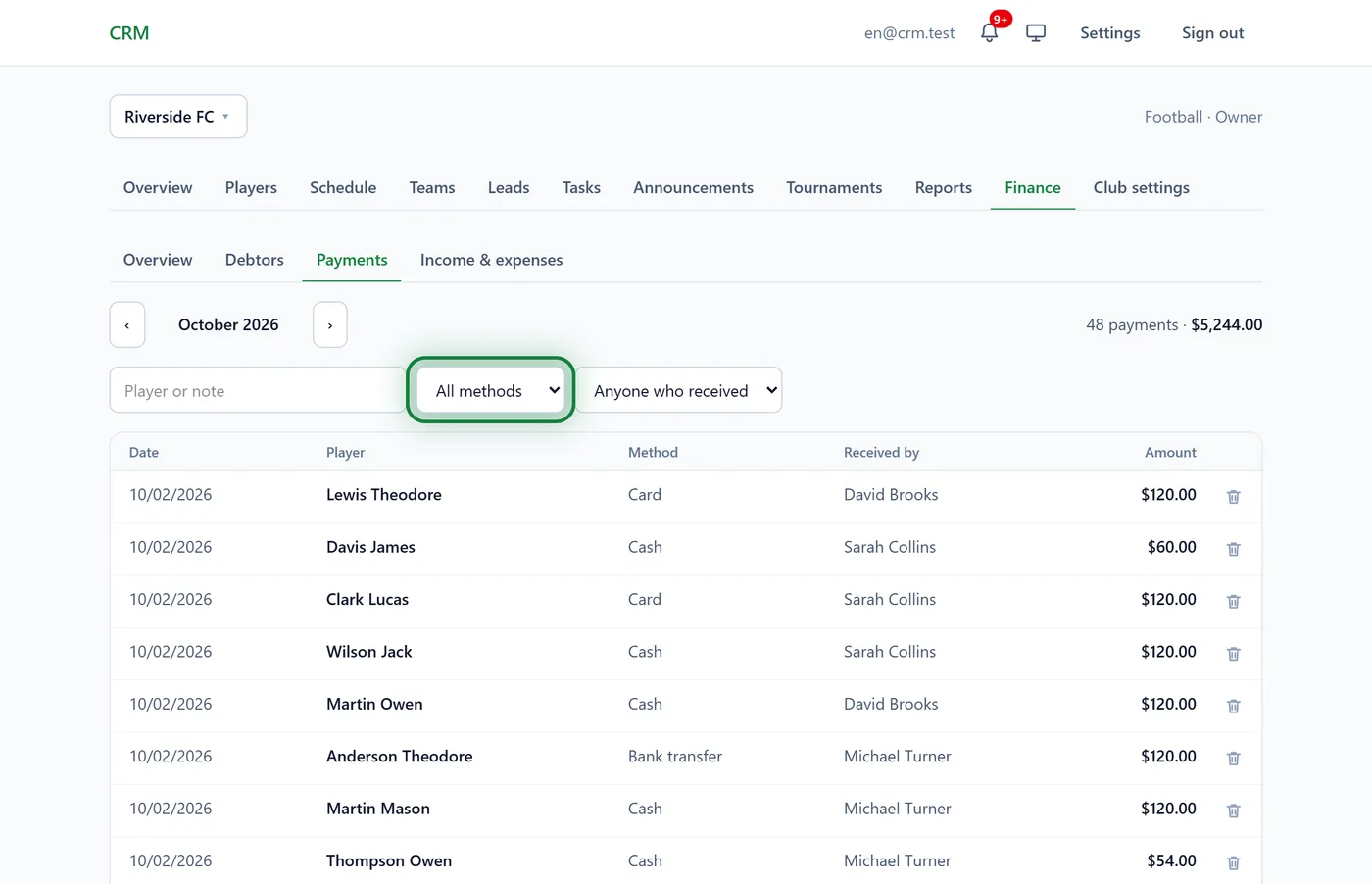 Finance → Payments with the method filter