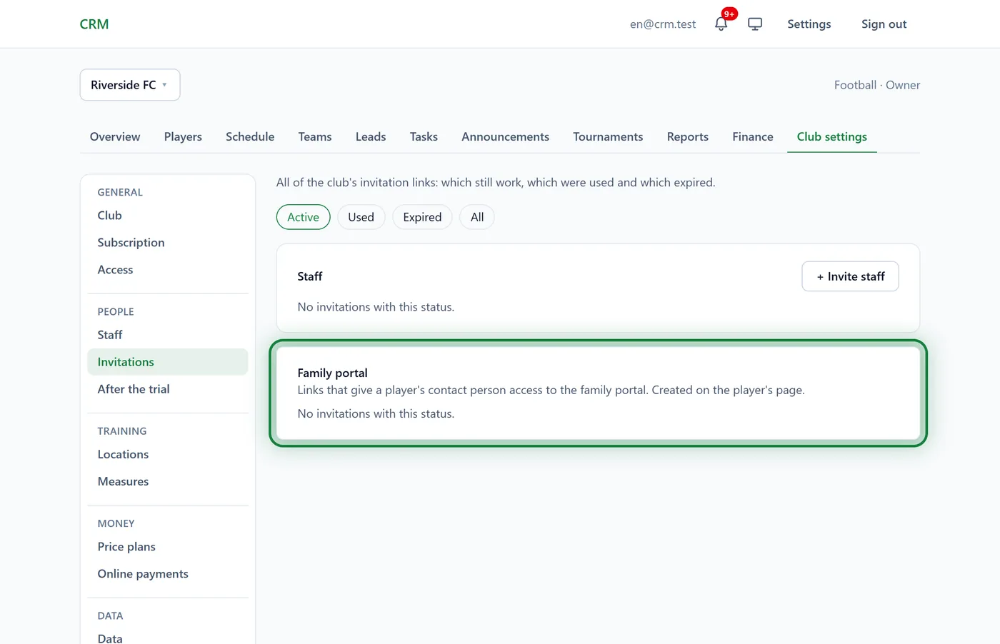 Club settings → Invitations, the "Family portal" block