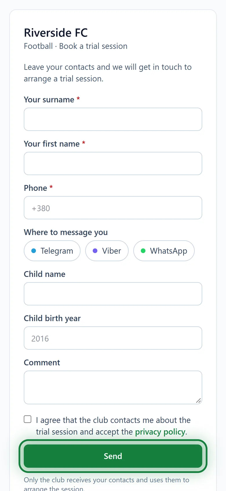 The trial booking form on a phone