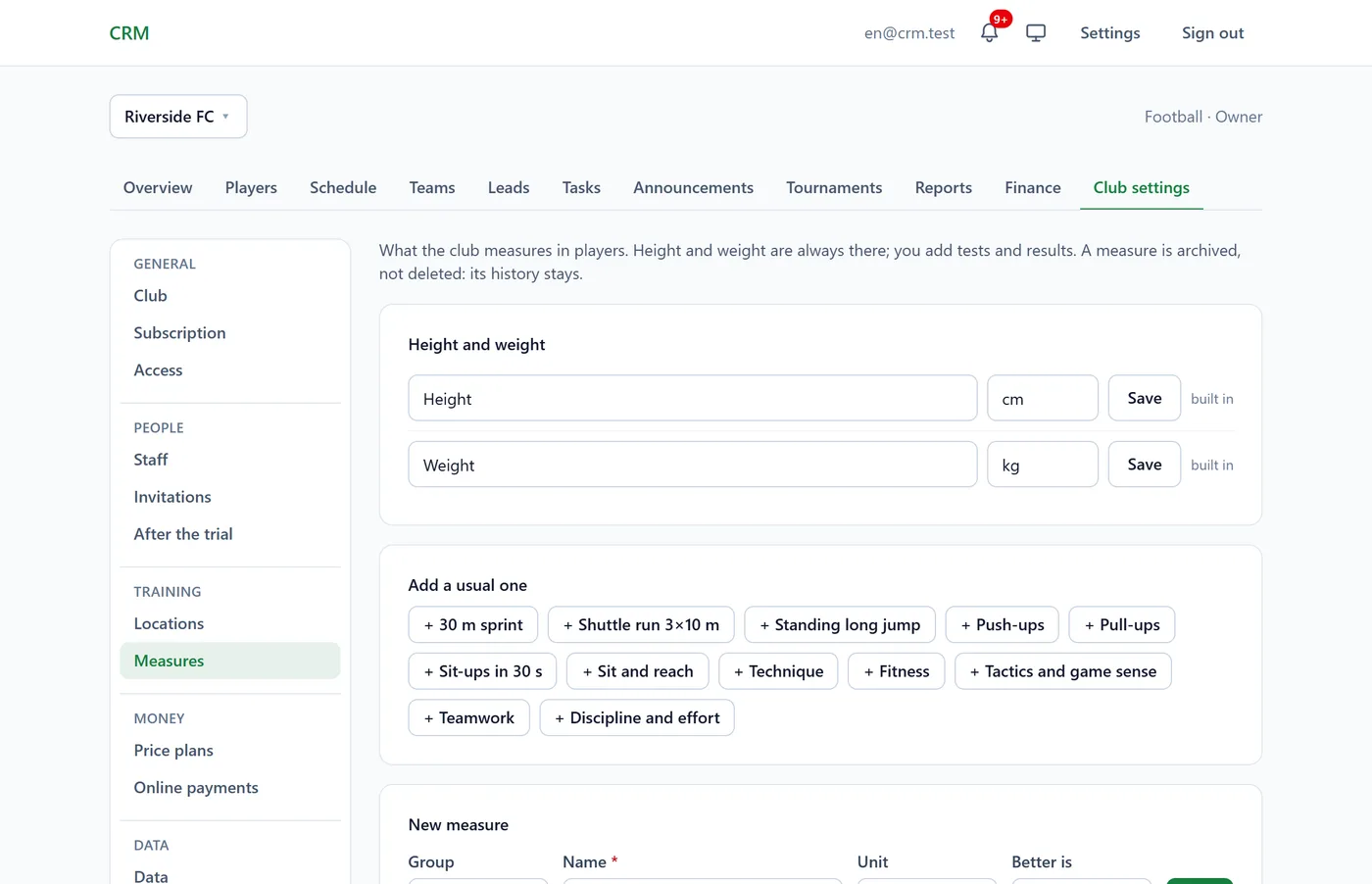 Club settings → Measures