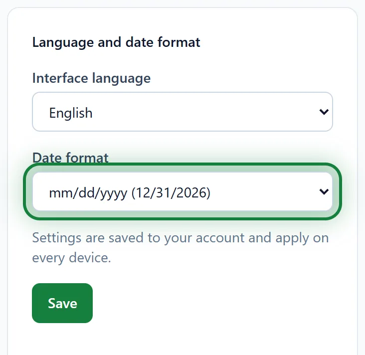The Language and date format card