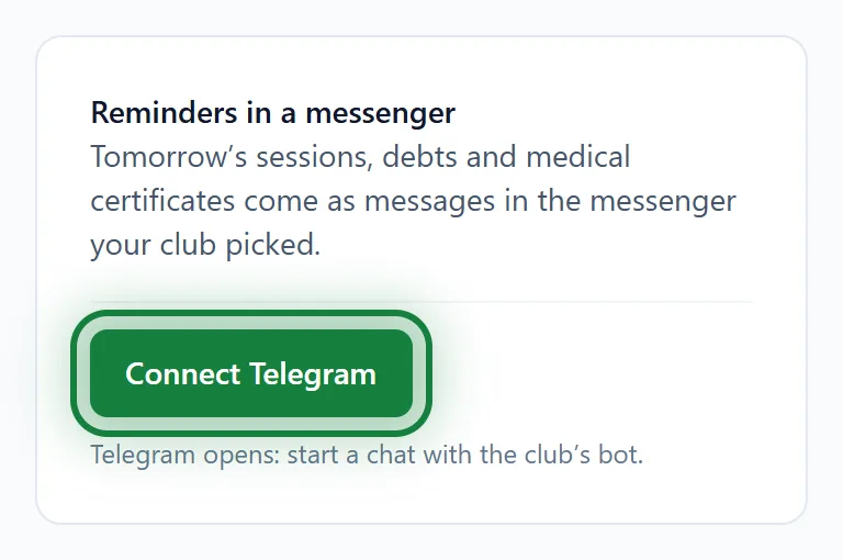 The "Reminders in a messenger" block and the Connect Telegram button