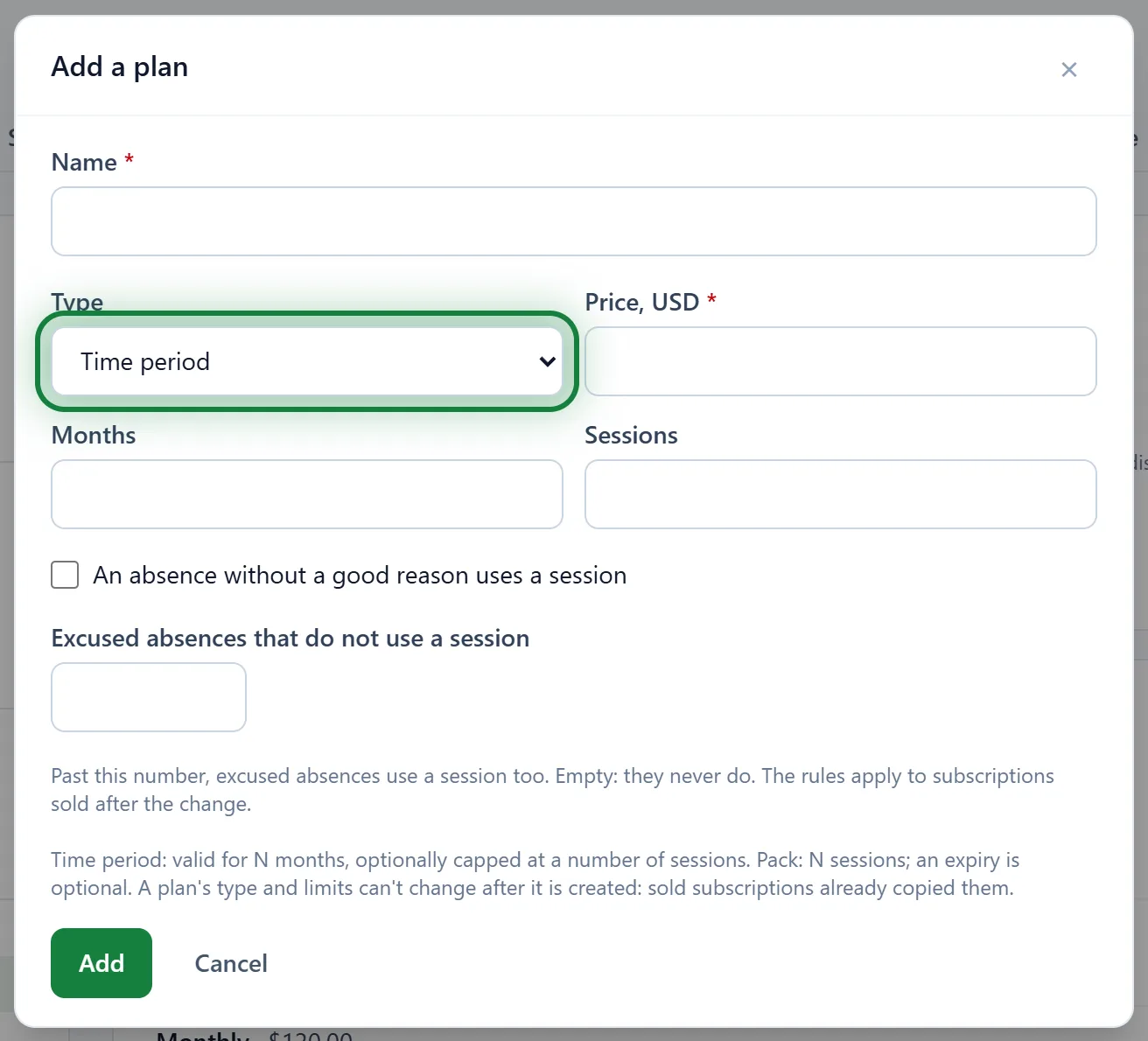 The "Add a plan" form