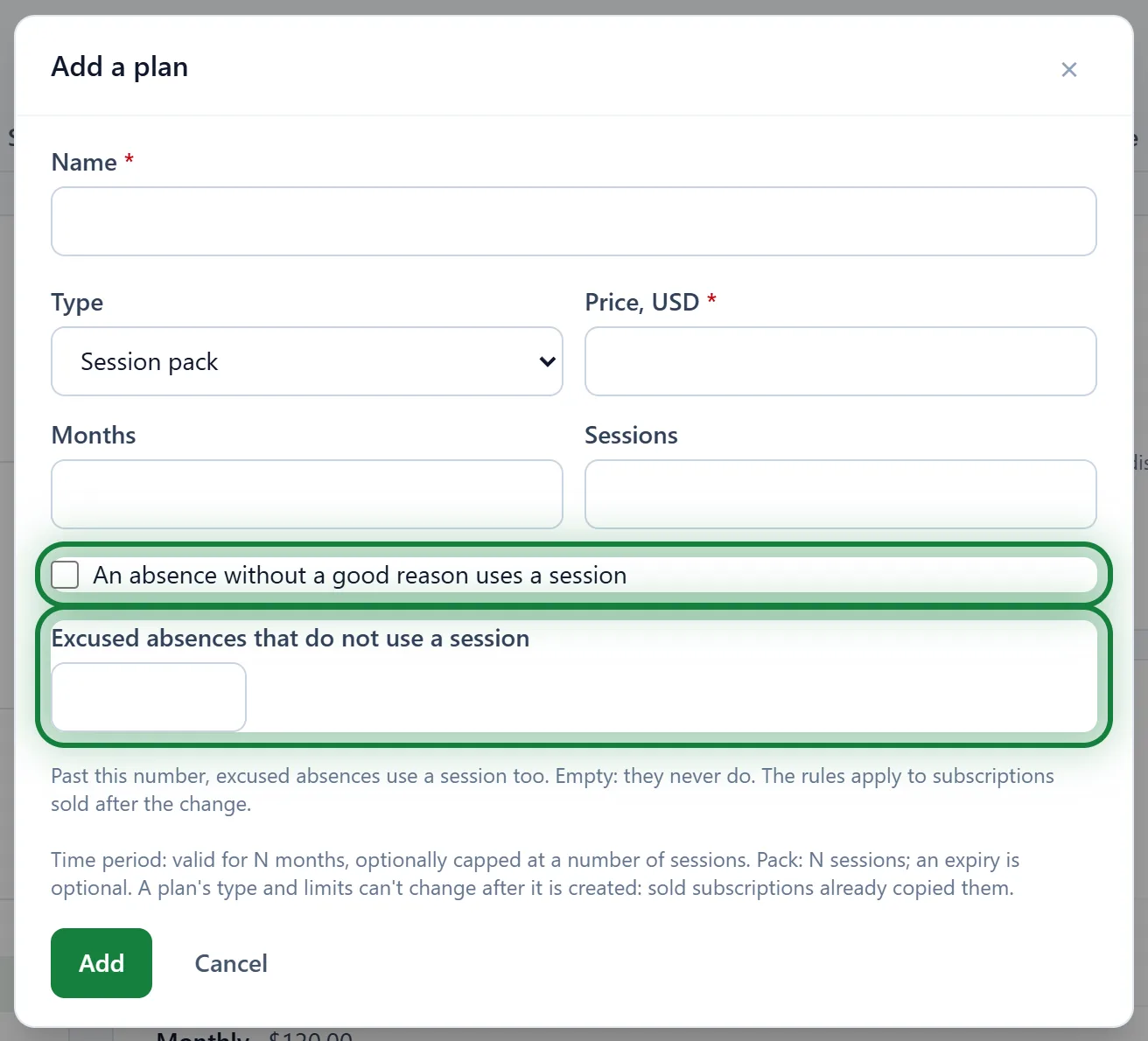 A session pack and its absence rules