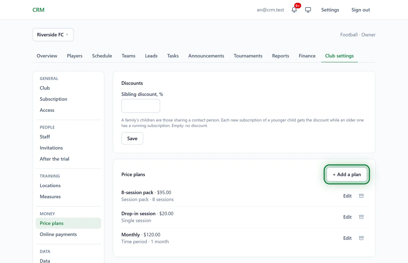 Club settings → Price plans