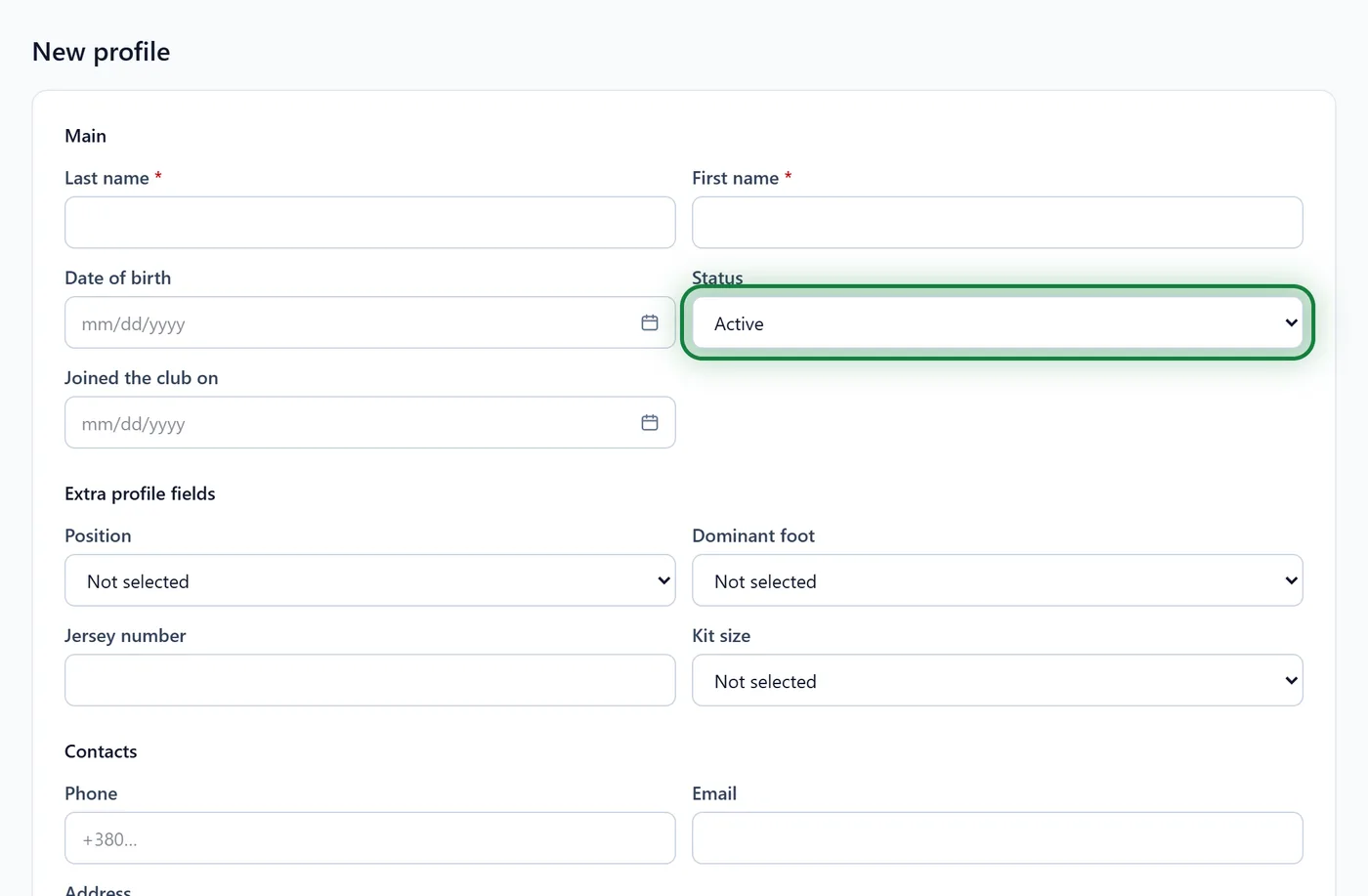 The "New profile" form and its Status field