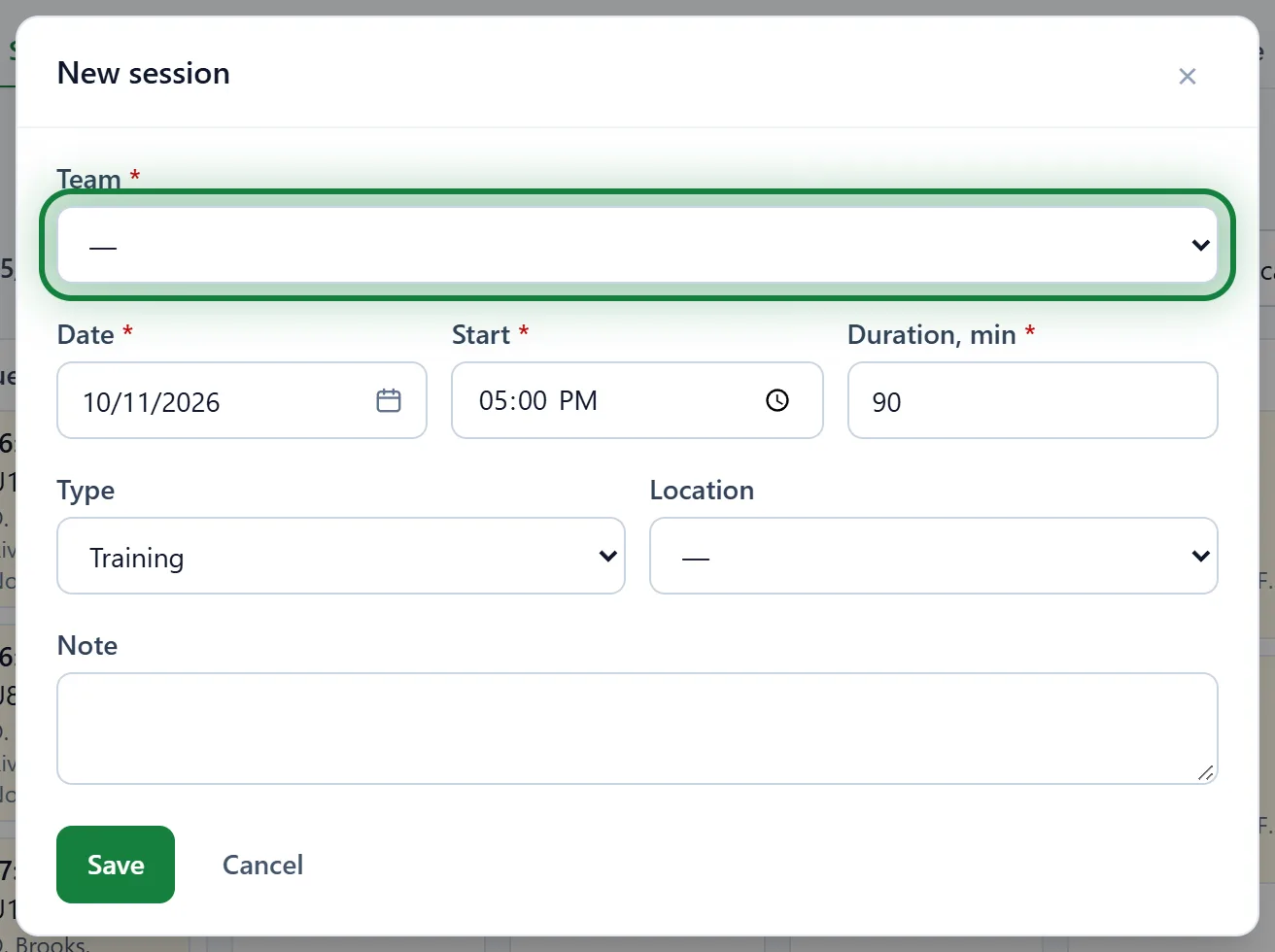 The "New session" form