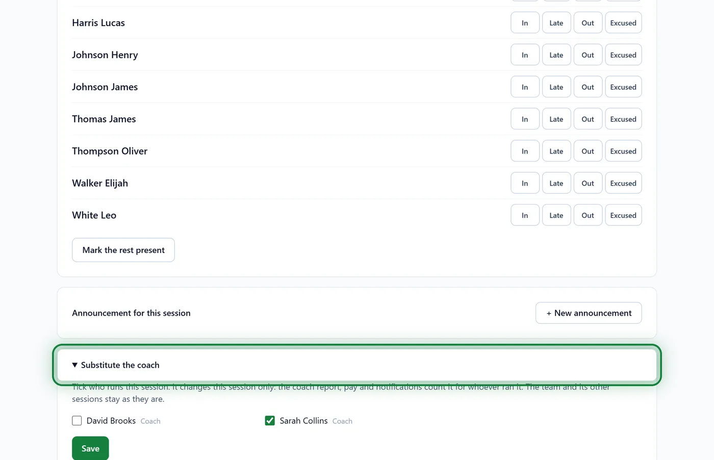 The "Substitute the coach" block on a session page