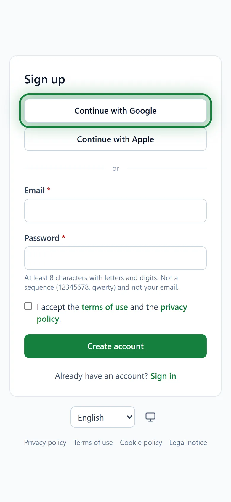 Sign up: Google, Apple, or email and password