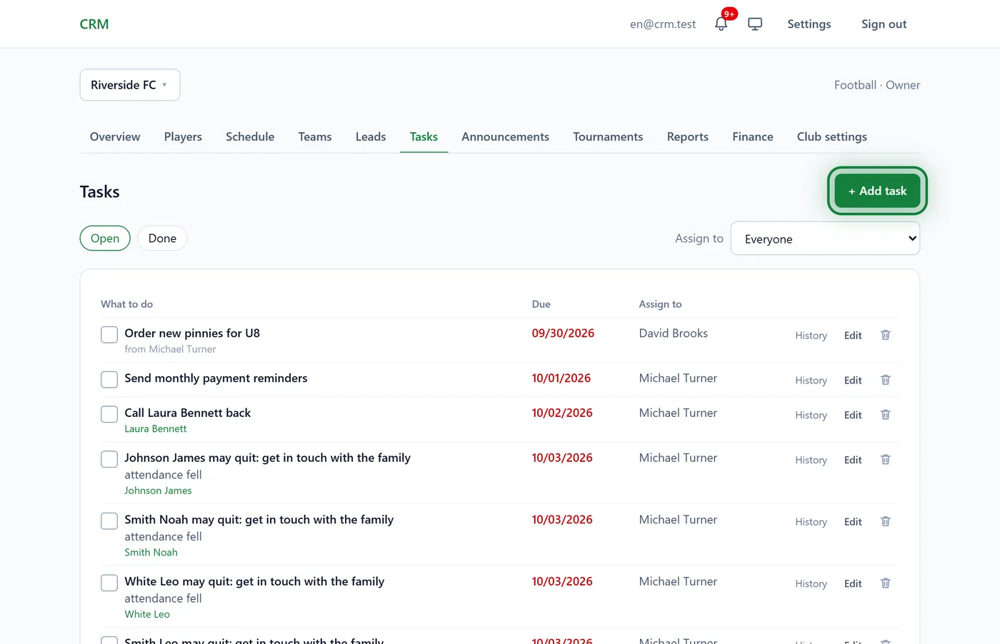 The Tasks page