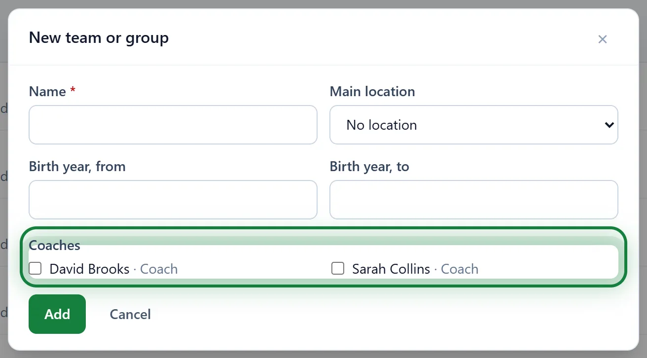 The "New team or group" form with its coaches