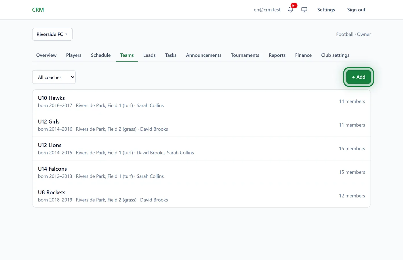 The team list and the "+ Add" button